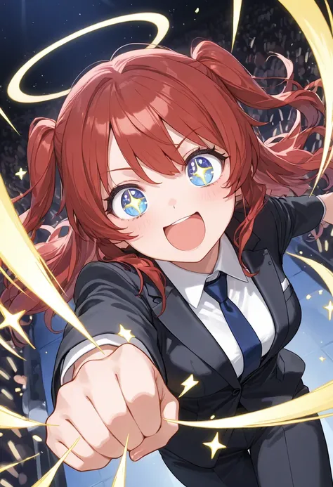 girl in suit , Hair swirling in strong winds  , Dynamic angle , clenched fists in left hand and stretched up  , excited expression  , to reach out to the audience , sparkling eyes , Star , Flash 