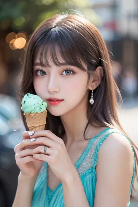 Close-up of a person holding an ice cream cone, Sweet girl,  woman with wavy silver hair, bangs,  light blue eyes ,  red lips, Soft green dress,