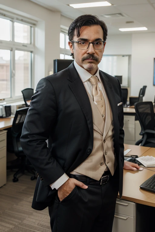 A realistic portrait of a middle-aged man with a slightly round face, a mustache, and black hair that is bald on top. He has black eyes and wears formal attire, including a suit and tie, along with glasses. His expression is serious, and he is standing con...