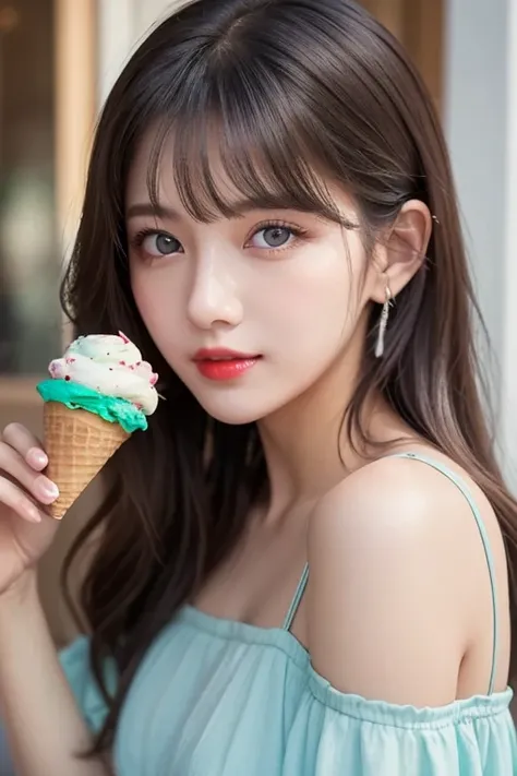 Close-up of a person holding an ice cream cone, Sweet girl,  woman with wavy silver hair, bangs,  light blue eyes ,  red lips, Soft green dress,