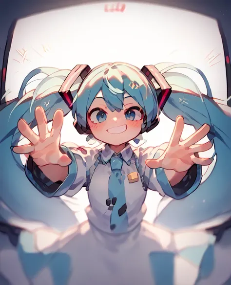 Light blue long hair, Hatsune Miku&#39;s outfit, Hatsune Miku's hair ornament, Light blue eyes, smile,  coming out of the computer screen ,  arms outstretched,  I'm squinting, popping out of the PC screen ,  extending both arms towards the viewer