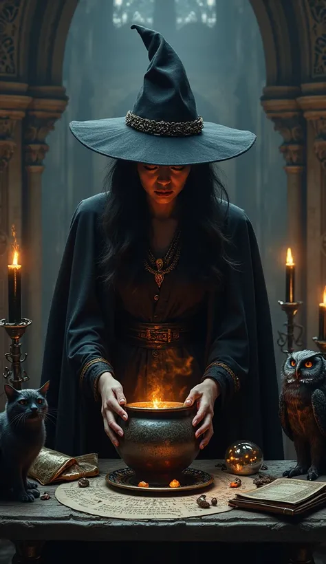  Powerful witch contorro , broom, cauldron,  in a gothic castle , Conuna owl ,  black cat spell book , crystal ball and magic mirror with a table close up
Black candles,  pointed hat  