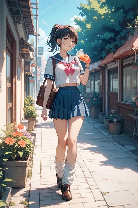  1 girl、Summer daytime、sailor suit with a pretty short skirt、Sidewalk、Drinking juice through a straw while walking、 loose socks、 loafers、 ponytail