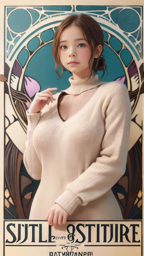 Emma Myers,  absurd,  top quality, 1 girl, Alone,  light brown hair,  (simple illustration background ), (( art nouveau style poster )),  is standing、（Big Breasts、 ponytail：3）、 white knit dress、knitted dress with holes in the chest 、