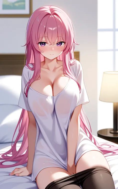 chest、 1 girl、 viewers、 pink hair、indoor、valley、 long hair、bangs、blush、 bedの上、Short sleeve、大きなchest、 popup、 long breasts、solo、 purple eyes、 shirt、Picture Frame、 lie down、 facedown、pillow、Looks sleepy、白い shirt、彼 shirt、bedroom、 bed、 closed my mouth、lamp、開いた ...