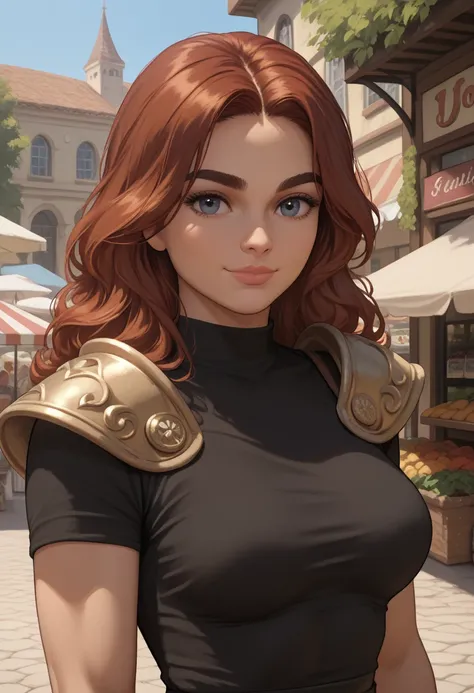 score_9, score_8_up, score_7_up, score_6_up, solo, auburn hair, (big lips:0.6), black shirt, shoulder armor, medium breasts, outdoors, marketplace, dark eyebrows, smile, closed mouth, detailed, confident, toned body, bodyguard, elegant, (close up:1.2), g0t...