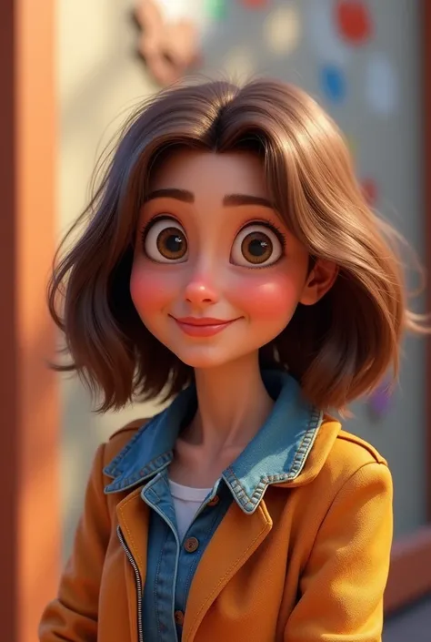  Disney/ A scene of a 56-year-old woman is captured on a Pixar-style 3D poster,  brown hair,  shoulder length,  ,  a round face and she is wearing a brightly colored denim jacket .She has a round face .  she has a happy expression