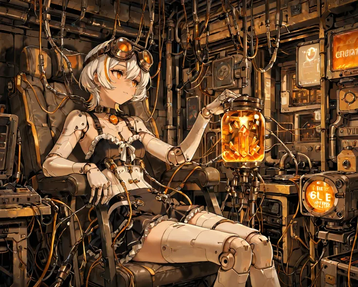 Transistor style, solo, slender beauty, transistor goggles, cute face girl, white hair, black streaked hair, short hair, wolf cut hair, transistor outfit clothes, flat breasts, frills mini skirt, joint decoration, futuristic mechanical city, indoors, Semic...