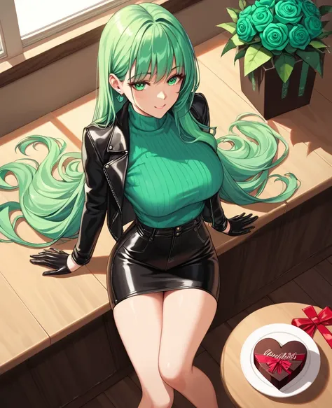 score_9, score_8_above, score_7, score_6,  source  _animated, 1mature_FE,  just 1 woman,  seductive look,  neon green hair ,  Very long hair,  green eyes, long green sweater ,  black leather pants ,  black leather jacket ,  black leather gloves,  sitting o...