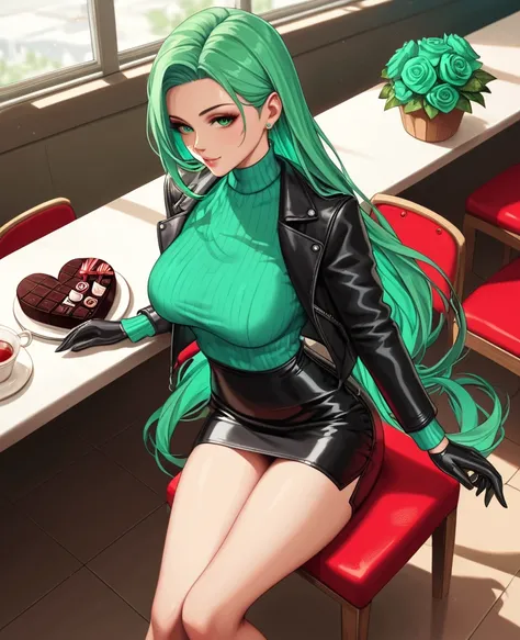 score_9, score_8_above, score_7, score_6,  source  _animated, 1mature_FE,  just 1 woman,  seductive look,  neon green hair ,  Very long hair,  green eyes, long green sweater ,  black leather pants ,  black leather jacket ,  black leather gloves,  sitting o...