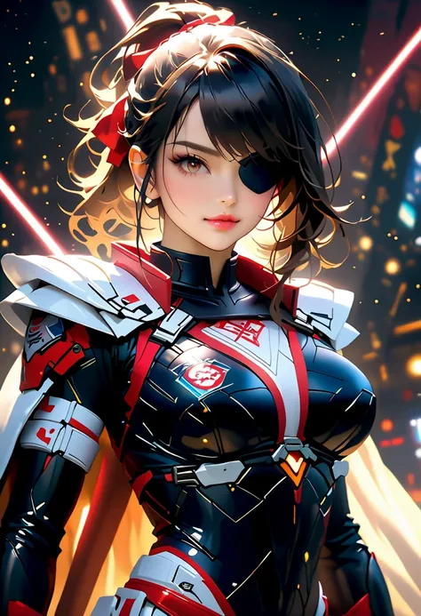 Masterpiece, (highest quality, create a high resolution,4K, 8k),(realistic,  photorealistic: 1.5), Cosmic Space,Space Samurai ,1 Female, high ponytail、ribbon、  Super Shiny Black Latex Space Samurai Costume:1.5、 lightsaber、Cape、tradition、and、 Sakurabuki:1.7...