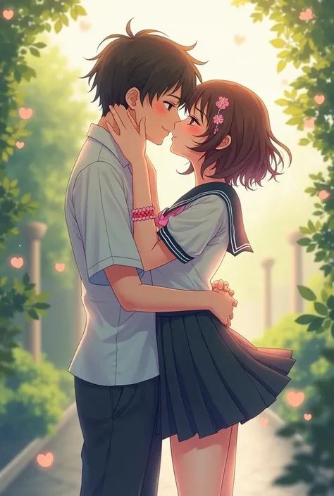 a brunette girl with light brown skin with short wavy hair,Wear Japanese uniforms and wear pink accessories, Kissing with Katsuki Bakugo