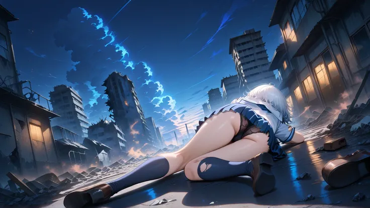 solo, 1girl,anime screencap, blue and white sailor uniform, black bra, black panties, long white hair, damaged outfits, ripped outfits, laying on the ground, unconscious, prone position, closeup, from behind, from above, hands in front of the back, straigh...