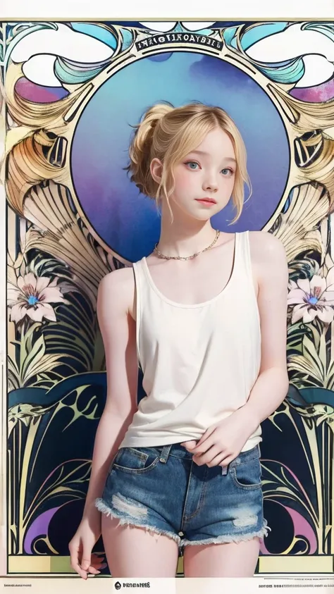 Emma Myers,  absurd,  top quality, 1 girl, Alone,  bright blonde ,  (simple illustration background ), (( art nouveau style poster )),  is standing、（ ponytail：3）、 white tank top、 shorts、