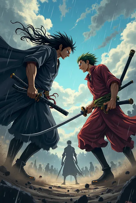 Generate a image of roronoa zoro and sasuke being rival 