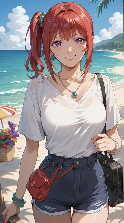 Takashiro Hiroko, 1 female,  middle aged woman,    RED BANG AND SIDE PONYTAIL ,  purple eyes,    BEAUTIFUL EARRINGS AND NECKLACES  , bracelet,   white shirt ,  mini bag and phone,  SKINNY SHORTS  ,Happy state  ,  bright smile, beach, medium focus  