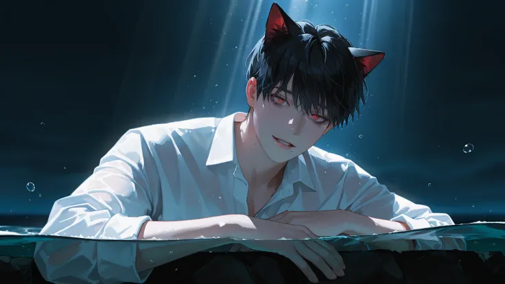 Mature male, cat ears, handsome, messy black hair floating in water, white shirt, short hair, red eyes dimly flickering, dark circles under eyes, strong jawline, well-defined features, male focus, semi-realistic art, Korean comic style, expressive brushstr...