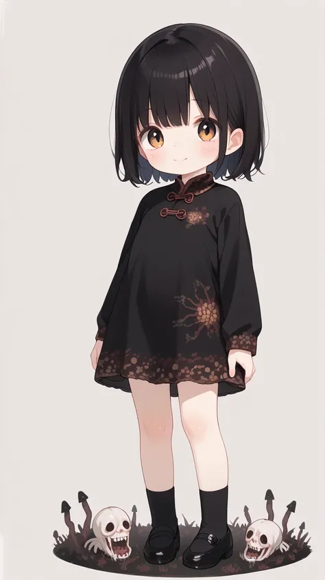 young, cute, girl, ((((horror)))), black dragon cheongsam, full body 