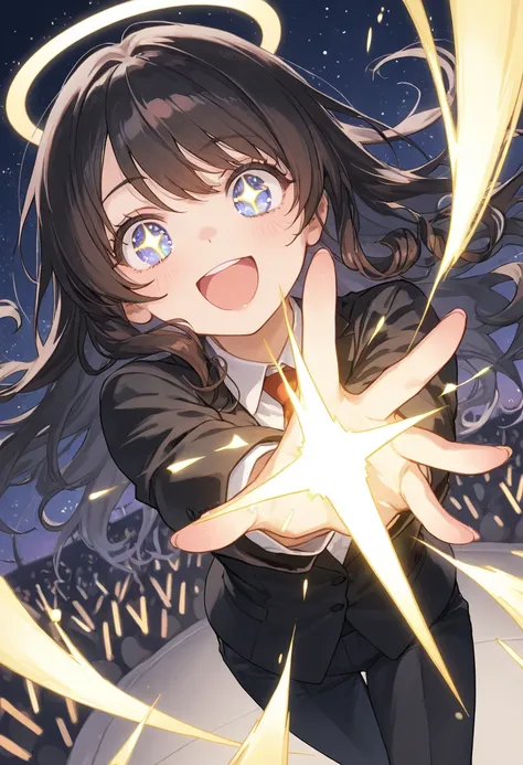 girl in suit , Hair swirling in strong winds  , Dynamic angle , clenched fists in left hand and stretched up  , excited expression  , to reach out to the audience , sparkling eyes , Star , Flash 