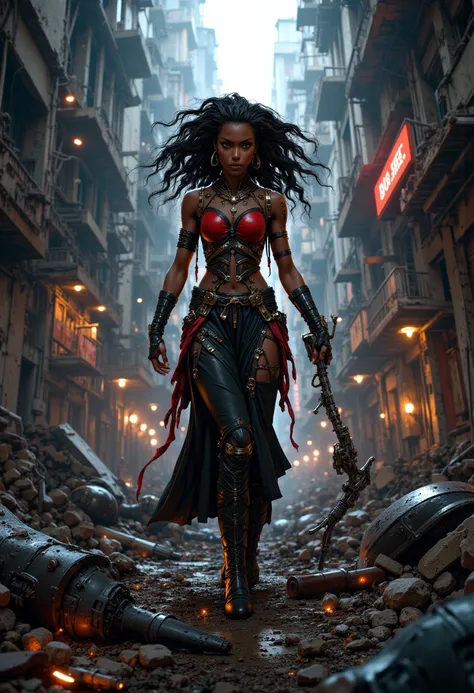 ((NSFW African Girl,  is the best quality)), ((NSFW,  masterpiece)), ( highly detailed: 1.3), nsfw 3D |, shitu-mecha, Beautiful black cyberpunk women in the ruins of the city of a lost war, ancient technology, HDR (high dynamic range), ray tracing, NVIDIA ...