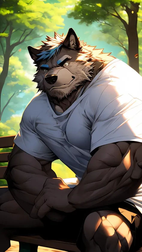 A Picture In front of A Very Muscular Furry Gray Wolf. He is Sitting On A Bench in A Park Forest. He is wearing A Blue short and white T-shirt with short Blue Sleeve. He have A Frowning Face. He is looking at you. He have A Gray messy hair