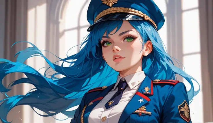 woman　blue hair green eyes long hair　uniform