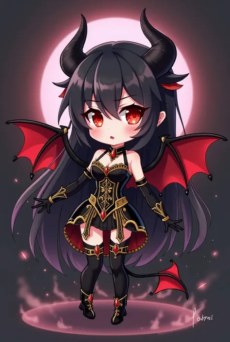 A full-body chibi version of a dark, elegant demon queen with long, flowing black hair and glowing red eyes. She has two sharp, curved black horns on her head and large bat-like wings with red and black gradients. Her outfit is a detailed black and gold co...