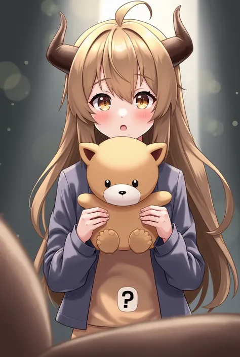  This image、 she seems to be holding a stuffed animal {x} shows an anime-style character with long hair,  light brown hair.,  shown by the question mark next to it .  has a puzzled or surprised expression 、 has a horned hairstyle 。., 隣の疑問符で示される. 