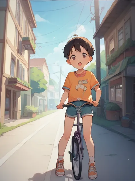  score_9,  score_8_ up,  score_7_ up,  score_6_ up,  score_5_ up,  score_4_ up,  anime，nsfw，  uncensored ，A  is riding a small bicycle，boyish ， short， Toddler type，An accurate and detailed bike，