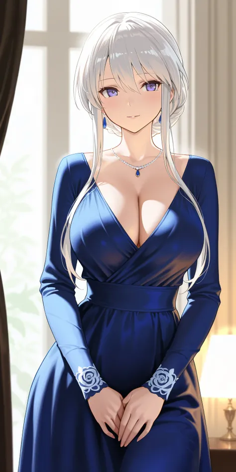 Masterpiece, elegant mature woman, enterprise (azur lane), tall body, casual clothes, blue dress top body,long sleeve shirt,  upper body, home, dynamic lighting, ultra detailed, highres, absurdres, azur lane art style,new design and royal looks, background...