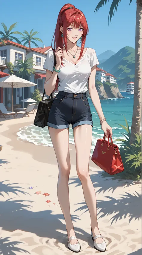 Takashiro Hiroko, 1 female,  middle-aged woman,   red bangs and a ponytail hanging down the side , purple eyes,   beautiful earrings and necklace , bracelet,  white shirt ,Mini bag and mobile phone, skinny shorts , Flat shoes ,Happy state , bright smile, b...