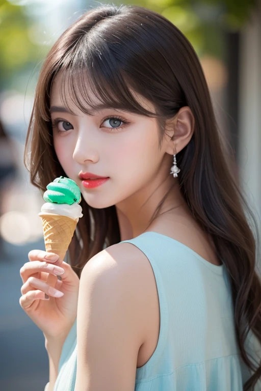 Close-up of a person holding an ice cream cone, Sweet girl,  woman with wavy silver hair, bangs,  light blue eyes ,  red lips, Soft green dress,