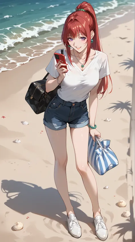 Takashiro Hiroko, 1 female,  middle-aged woman,   red bangs and a ponytail hanging down the side , purple eyes,   BEAUTIFUL EARRINGS AND NECKLACES , bracelet,  white shirt ,Mini bag and mobile phone, skinny shorts , Flat shoes ,Happy state , bright smile, ...