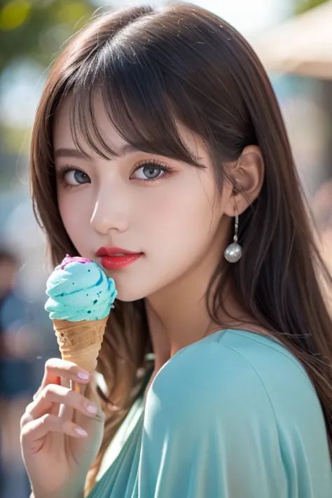 Close-up of a person holding an ice cream cone, Sweet girl,  woman with wavy silver hair, bangs,  light blue eyes ,  red lips, Soft green dress,