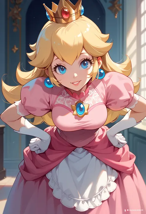  Masterpiece, Hi-Res, top quality,8k
(Princess Peach)

(smile)
(leaning forward)
(put hands on hips)