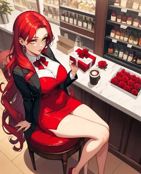 score_9, score_8_above, score_7, score_6,  source  _animated, 1mature_FE,  just 1 woman,  seductive look,  yellow eyes ,  red hair,  Very long hair,  red dress shirt , black dress pants,  black jacket ,  sitting on a chair,  Valentine's Day box of chocolat...