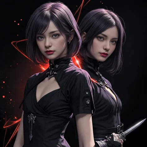 Assassin girl ,(purple color short bob hair),(black eyes),(wearing black sexy assassin dress),(holding a dagger1.5),(serious 1.2),((dark,red flash,magic effect background1.4)),(walking 1.5),full body,slim abs ,(small chest1.2),shiny skin ,ultra-detailed fa...