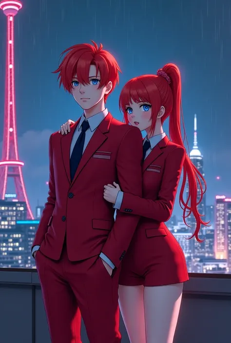 Beautiful and realistic 3D anime background at night with a tower rising from a building. In Cyber City, men with red hair, blue eyes, wearing red suits, and women with long red hair, tied high hair, blue eyes, wearing the same red suit and shorts, both ar...