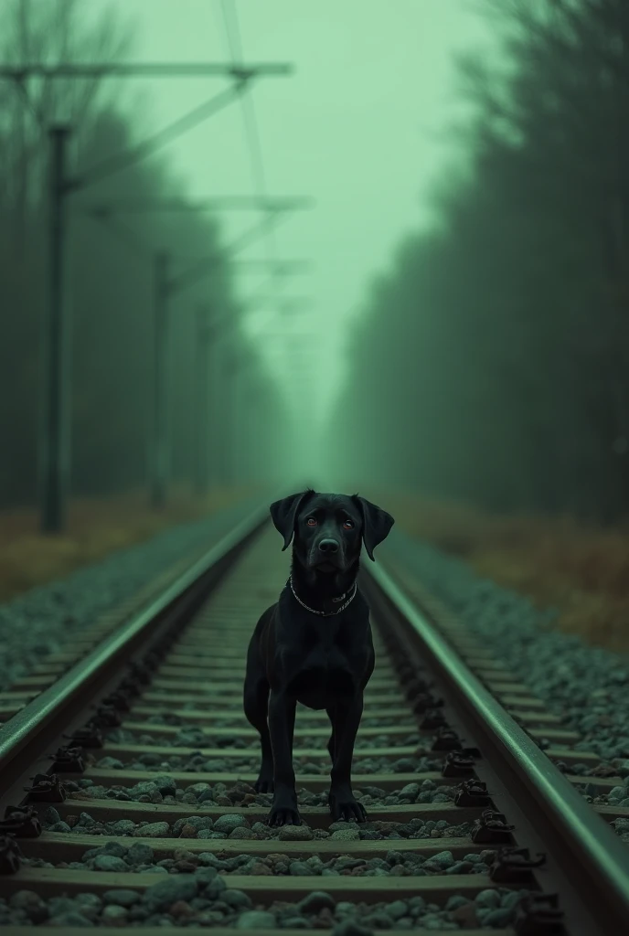 there is a dog that is standing on the train tracks, inspired by Edo Murtić, green and black, green and black colors, high quality photo, inspired by Sava Šumanović, low quality photo, shot on sony a 7, inspired by Mihály Zichy, very sad c 12.0, inspired b...