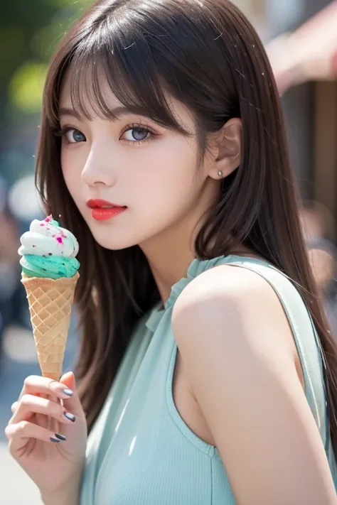 Close-up of a person holding an ice cream cone, Sweet girl,  woman with wavy silver hair, bangs,  light blue eyes ,  red lips, Soft green dress,