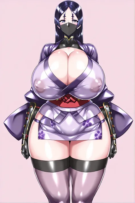 (Minamoto-no-Raikou,),(gigantic huge busty,big hips,glamorous,covered nipples,),(,ninja,ninja mask,yukata,cleavage,mini skirt,tight-fitting,elbow gloves,long sleeves,thigh high stocking,),(,looking viewer,standing attention,arms at side,hands rest,),solo,n...