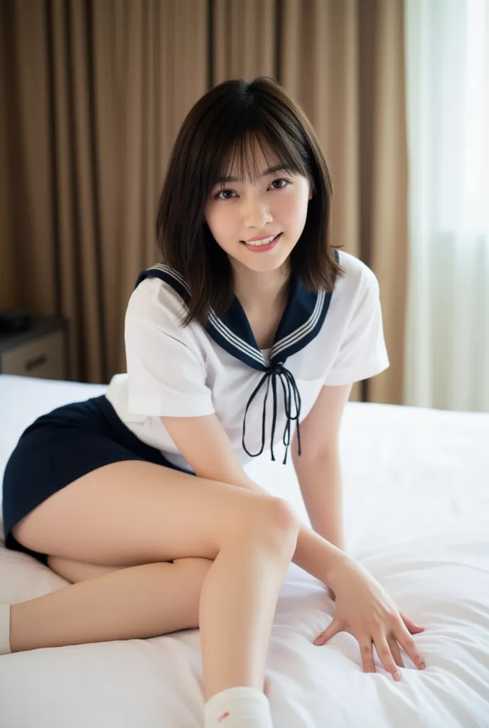 (Masterpiece, Best quality: 1.4), (Ultra realistic, Photo-realistic: 1.3), nsfw, ((Wearing Sailor suit, White short sleeve: 1.3)), (Dark navy skirt: 1.2), (Wearing white sock), (small breasts), (Short wavy hair:1.1), Natural light, 20 years old actor, Japa...