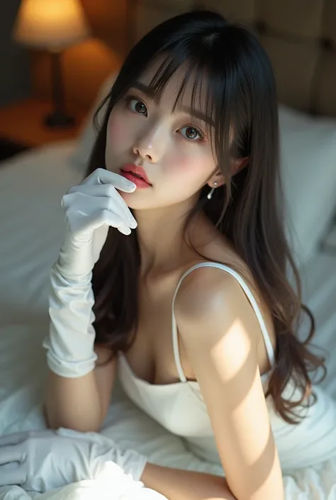  hyper-realistic，Japanese high school girl， Girl with smooth straight hair  ， Wearing a sexy wedding dress  ，White Silk Gloves， Black Stockings    ，   Full Body Portrait，Lie on your back in bed，Best Quality Photos，    16K Ultra HD Resolution     ，    Maste...