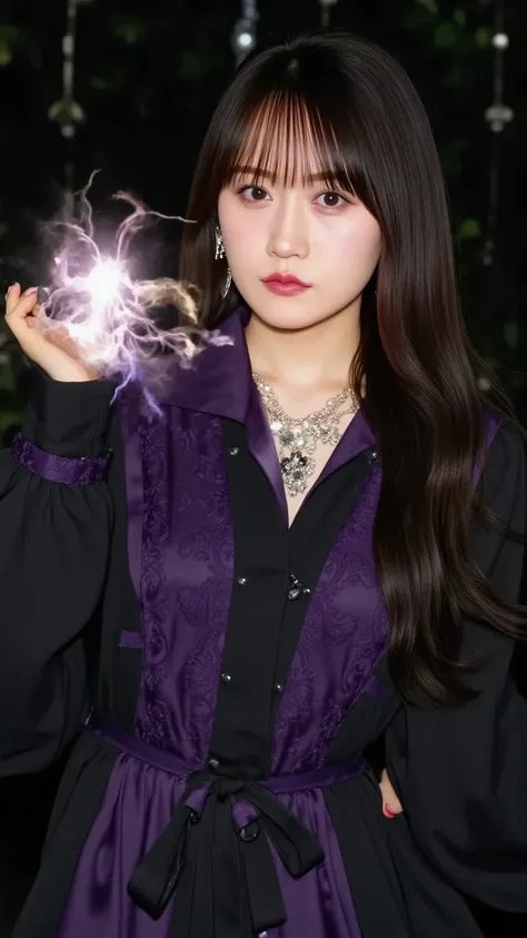 "A mysterious, gothic-style female student from a magical academy, dressed in a deep purple robe with black lace details and an intricate necklace. Her short, dark hair frames her pale face, and her piercing green eyes seem to glow. She stands confidently ...