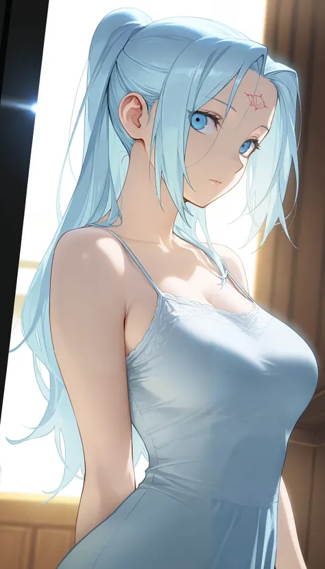 Masterpiece, elegant mature woman, vivi nefertari, long hair, high ponytail long hair, several strands of short hair hanging down on the right and left sides of the forehead, light blue hair color, tall body, camisole, upper body, dynamic lighting, ultra d...