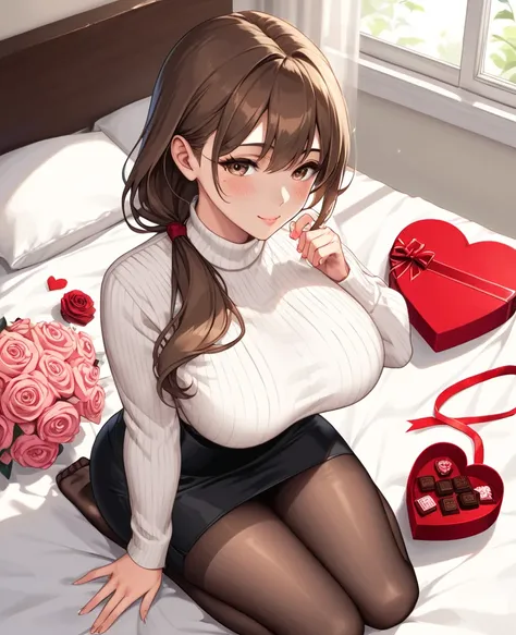 score_9, score_8_above, score_7, score_6,  source  _animated, 1mature_FE,  just 1 woman, blushing,  flirty look,  brown hair,  Long hair,  brown eyes,  low ponytail,  big breasts,  white sweater ,  black skirt,  black tights,  kneeling on a bed,  Valentine...