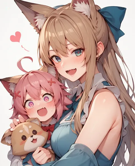  This image、 she seems to be holding a stuffed animal {x} shows an anime-style character with long hair,  and two people are shown , One person has light brown hair .,  with a heart symbol next to it .  She is surprised and freaked out when her ear is bitt...