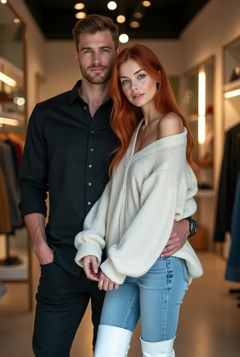 hyper realistic photo of a couple, tall, strong, male wearing a black button up shirt and black slacks,  he is holding onto a slender woman who has her legs around his waist, her legs around his waist, her with pale skin, long red hair, brown eyes, wearing...