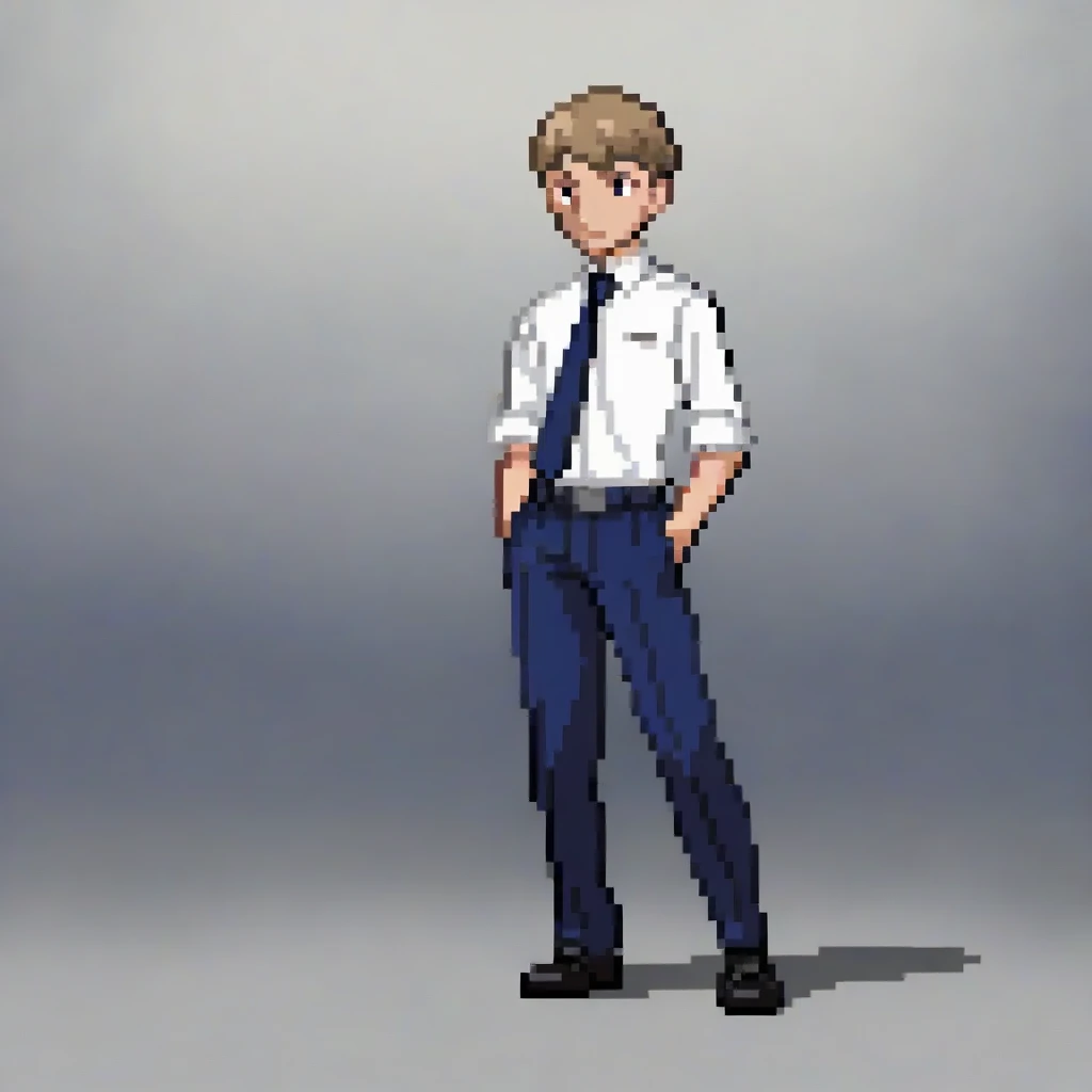 Young Male with a fade cut, light brown, in uniform with a university uniform, Long sleeve white shirt under A dark blue fabric shirt night, Sin. sleeves, con unos pantalones del mismo color de la camisa Sin mangas, elegant black shoes and a black tie 