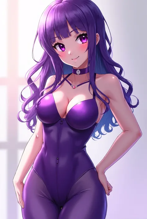 Pourrais-tu me créer des images d'une fille au cheveux violet. Elle serait dans une combinaison complète de latex en mettant en avant ses traits physiques.Ses mains, ses seins, ses jambes et ses autres parties du corps serait parfaite. Une belle waifu. Ave...